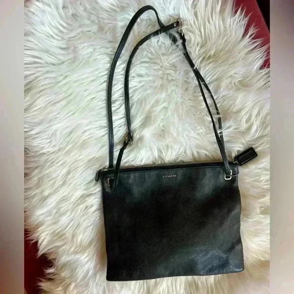 Coach Black Leather Crossbody Bag, Adjustable Strap, Zipper Pebbled Leather - Picture 1 of 13